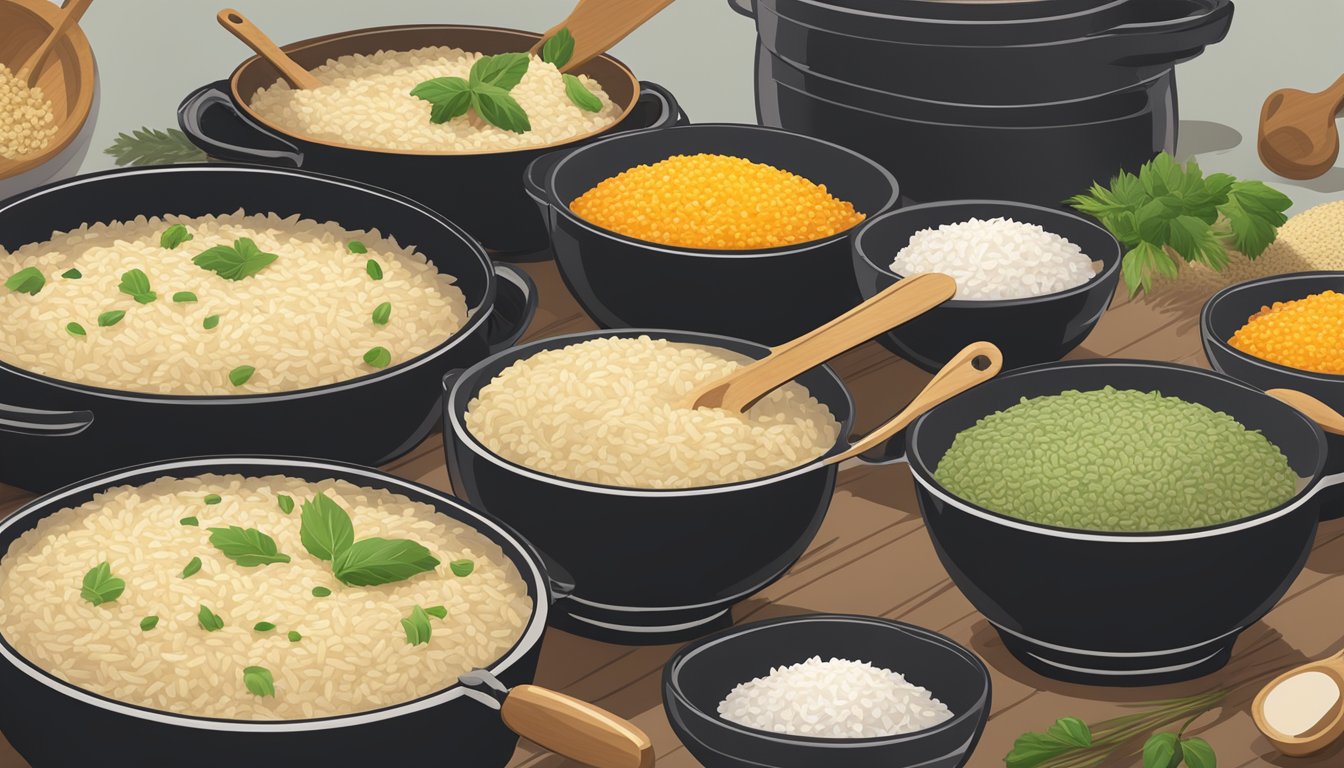 A wooden spoon stirring a pot of risotto made with alternative rice varieties, surrounded by bowls of arborio and carnaroli rice