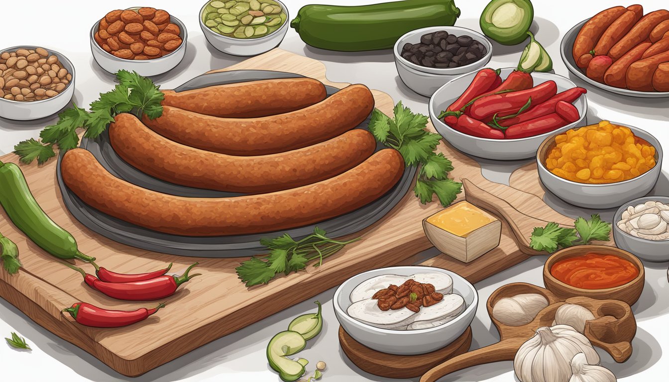 A colorful array of chorizo and andouille sausages, with ingredients like peppers and garlic nearby for substitution