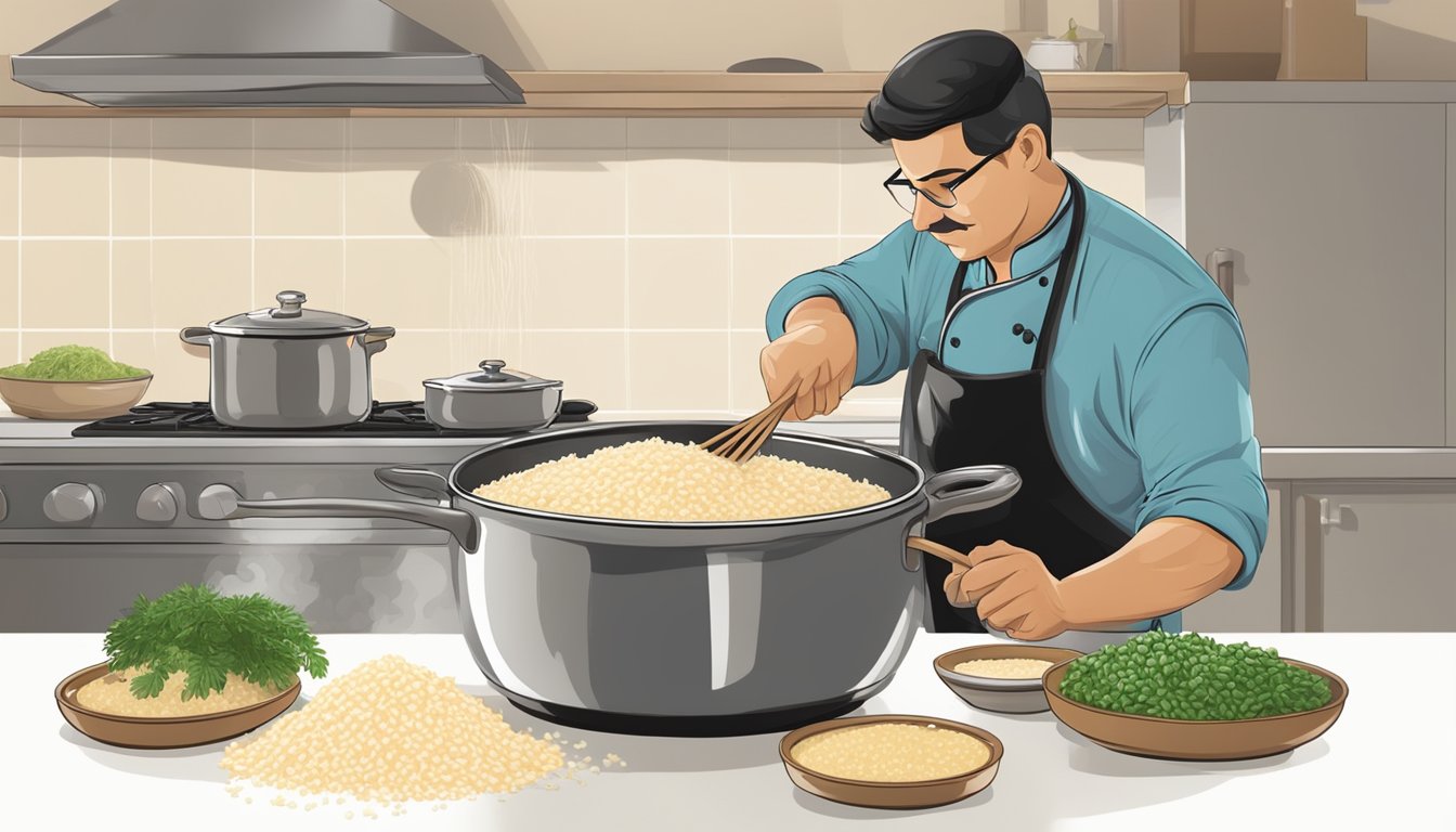 A chef stirring a pot of risotto with arborio rice, adding broth and substituting carnaroli rice