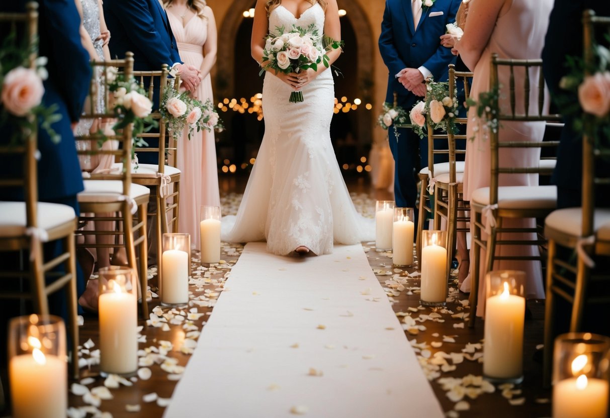 The bride walks down the aisle to the soft melody of a romantic song, surrounded by delicate flower petals and flickering candlelight