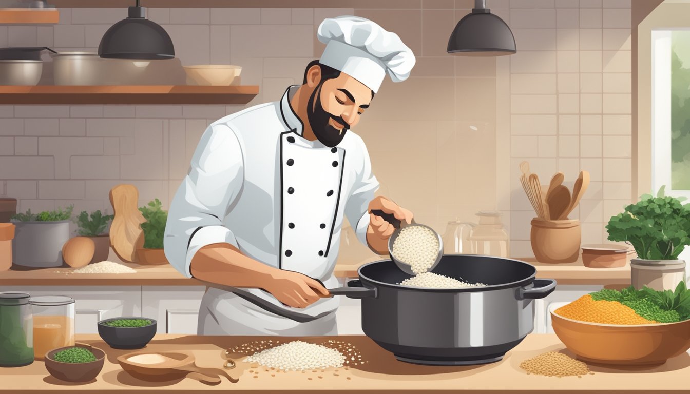 A chef swaps arborio for carnaroli rice, stirring risotto in a bubbling pot with various grains and ingredients on a countertop