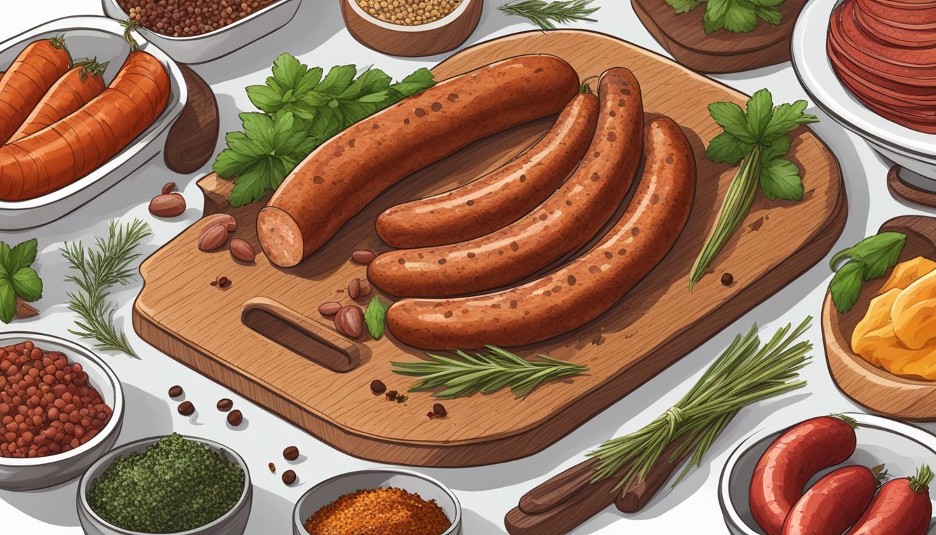 A cutting board with sliced andouille sausage next to whole chorizo, surrounded by various spices and herbs