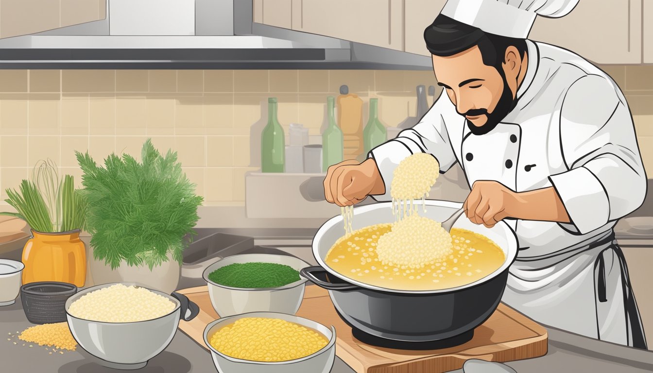 A chef adding arborio rice to a simmering pot of broth, stirring in ingredients for a creamy risotto