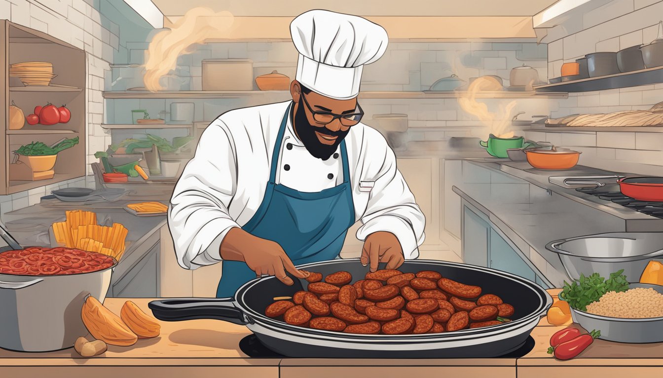 A chef swaps out andouille for chorizo in a sizzling skillet. Ingredients and spices surround the cooking process