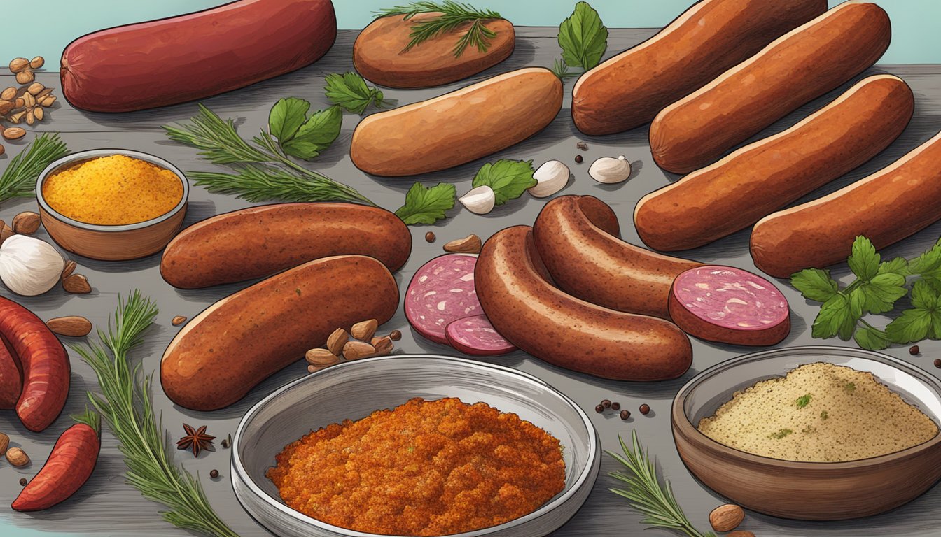 A colorful array of andouille sausage and chorizo, with various spices and herbs scattered around for substitution