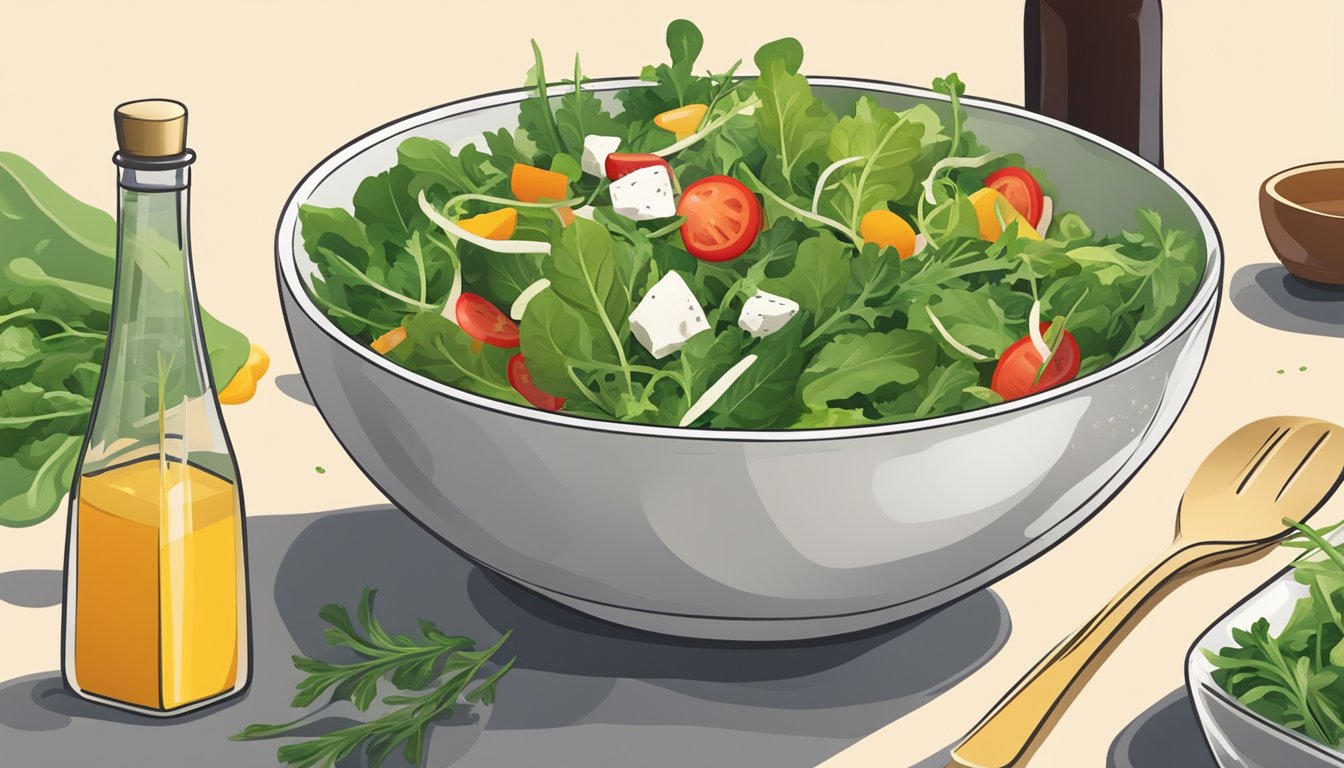 A bowl of salad with arugula replacing spinach, surrounded by fresh vegetables and a bottle of vinaigrette