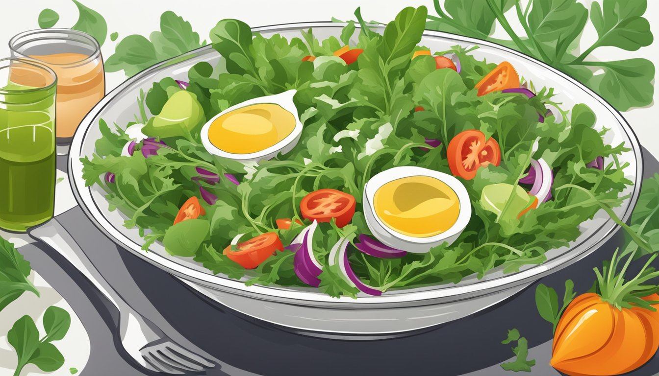 A bowl of salad with vibrant green arugula leaves replacing spinach, surrounded by fresh vegetables and a drizzle of dressing