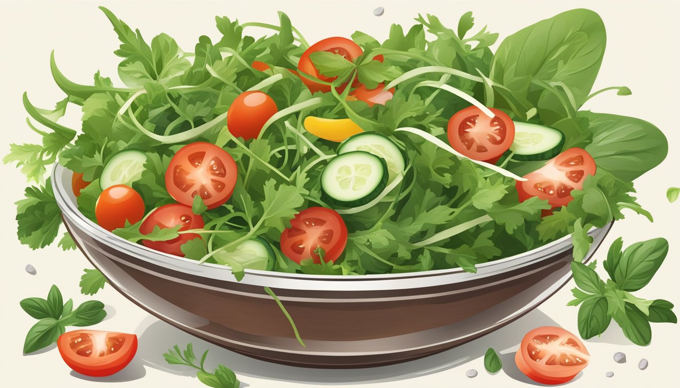 A bowl of salad with arugula leaves replacing spinach, surrounded by other ingredients like tomatoes, cucumbers, and dressing