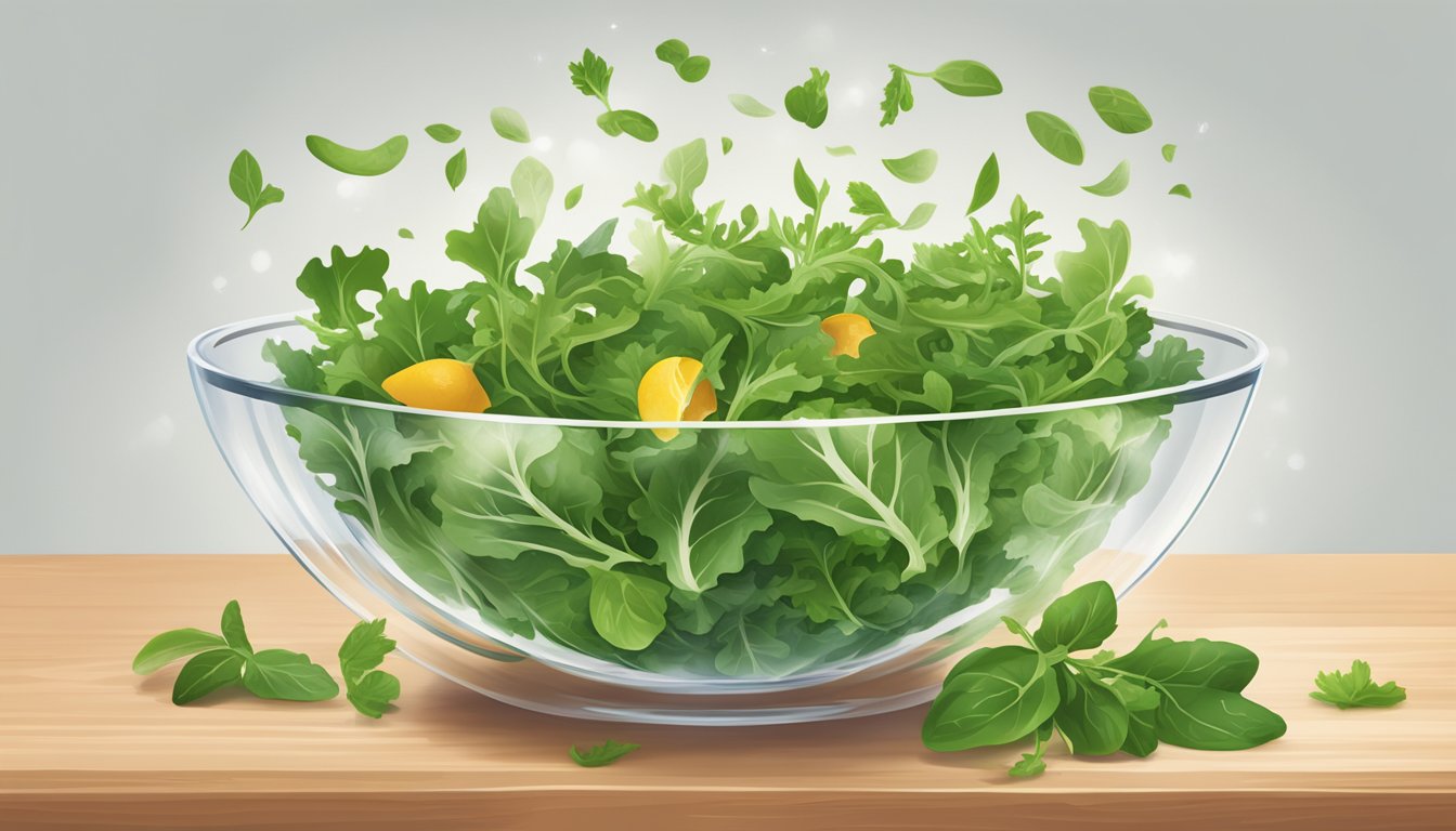 A bowl of vibrant green arugula leaves being tossed with assorted salad ingredients in a glass mixing bowl