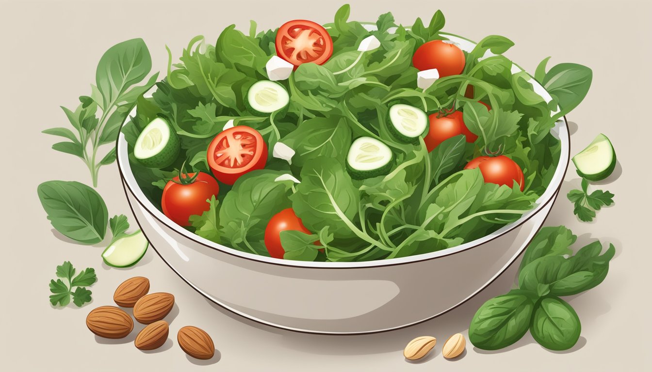 A bowl of salad with arugula leaves replacing spinach, surrounded by ingredients like tomatoes, cucumbers, and nuts