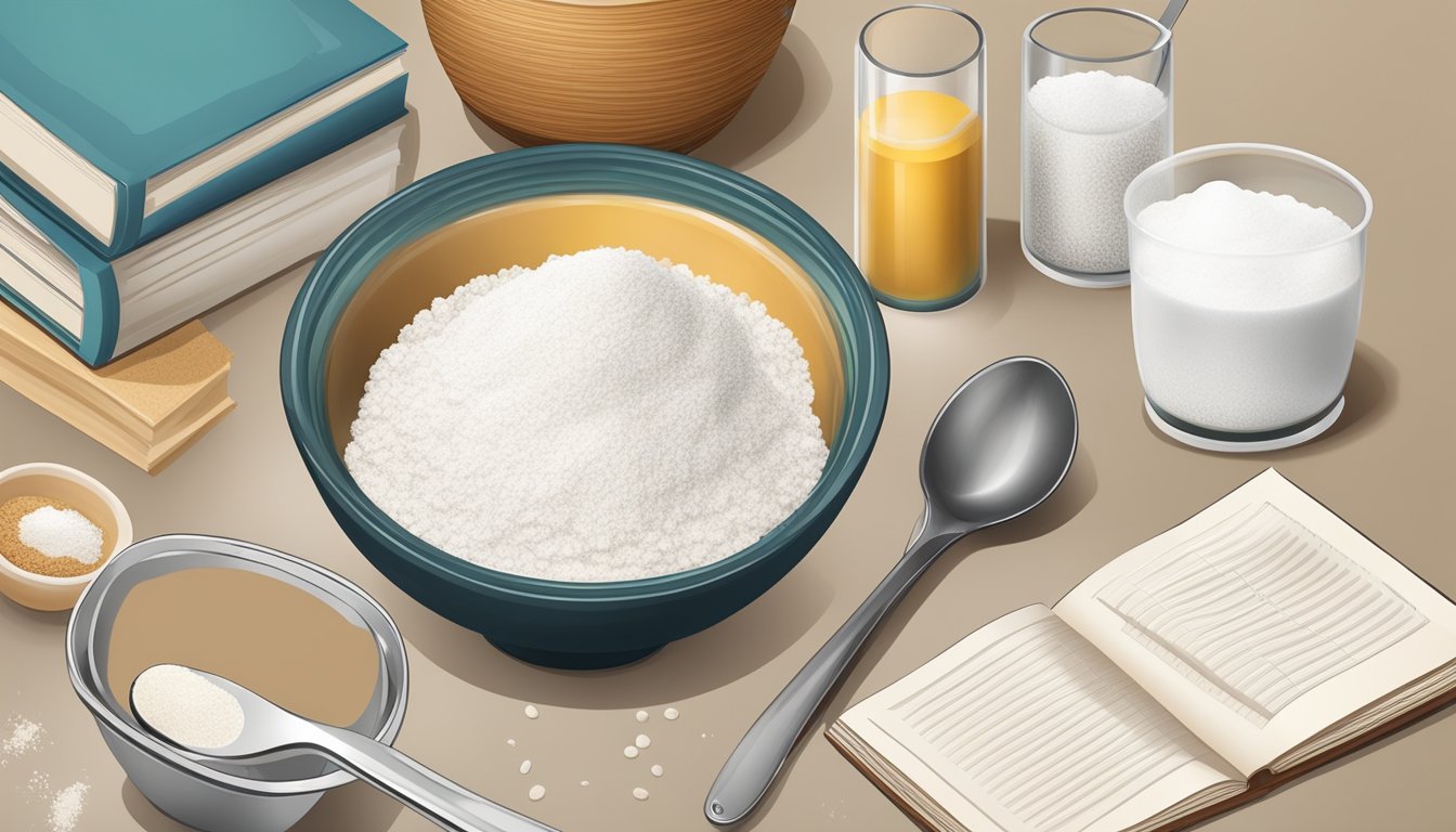 A kitchen counter with bowls of arrowroot powder and tapioca starch, along with measuring spoons and a recipe book open to a page on thickening agents