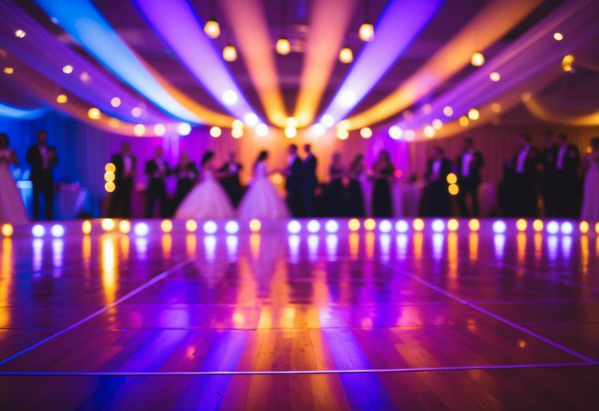 Colorful lights illuminate a dance floor as upbeat music fills the air at a wedding reception