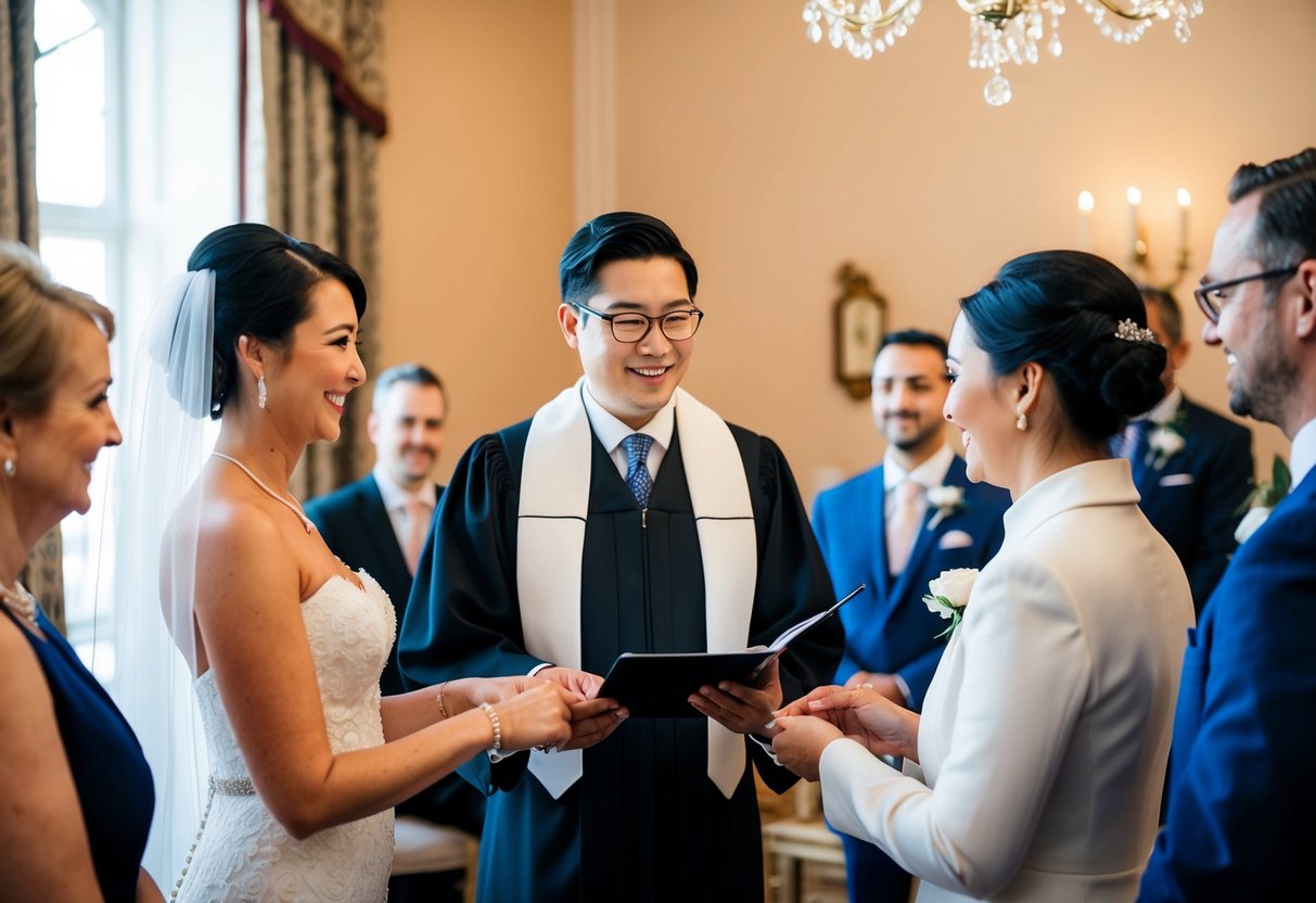 A registrar officiating a wedding ceremony in a decorated room with witnesses and a happy couple exchanging vows