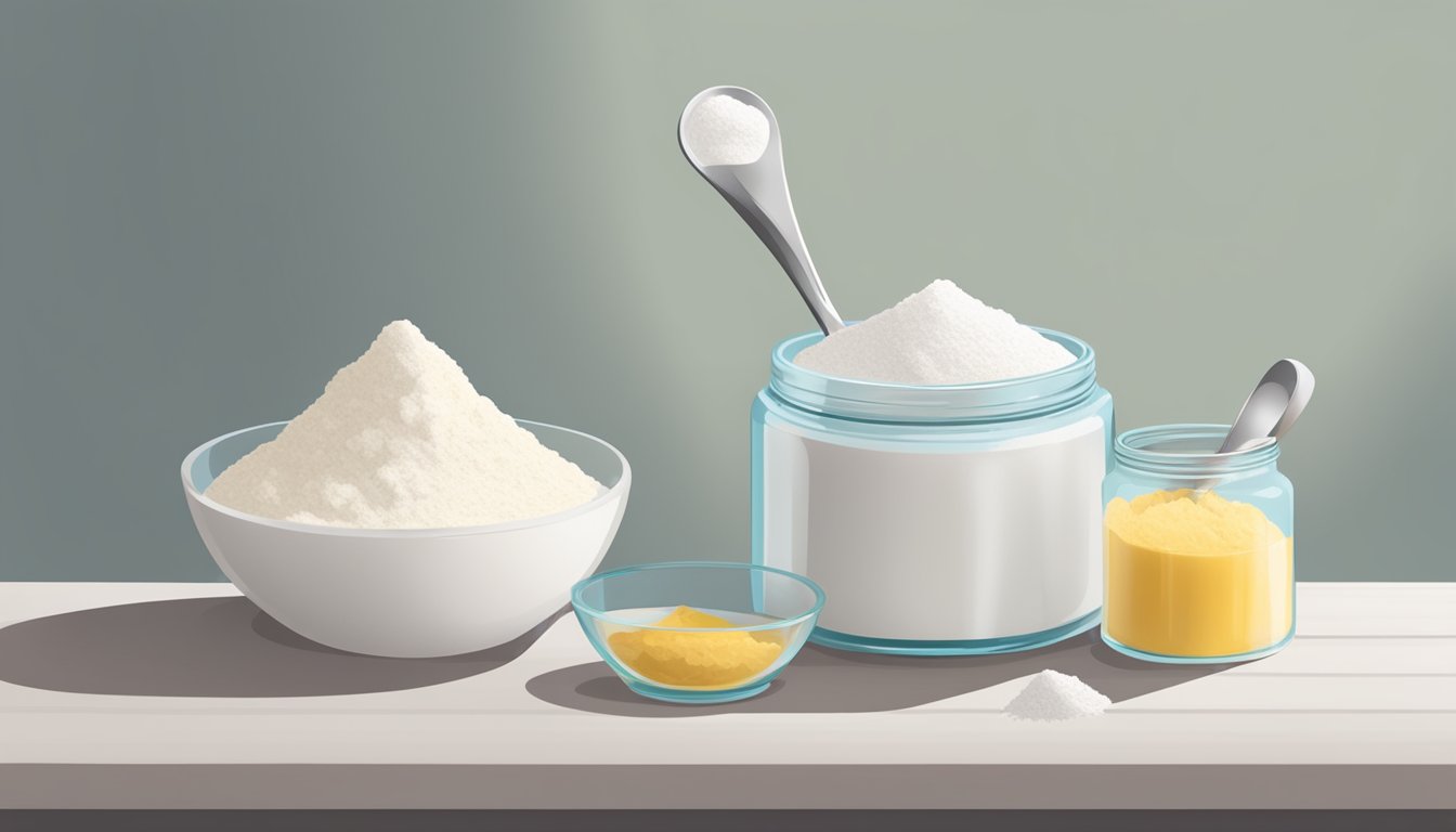 A bowl of flour with a measuring spoon and a jar of baking soda, with a separate jar of cream of tartar and a small dish of cornstarch