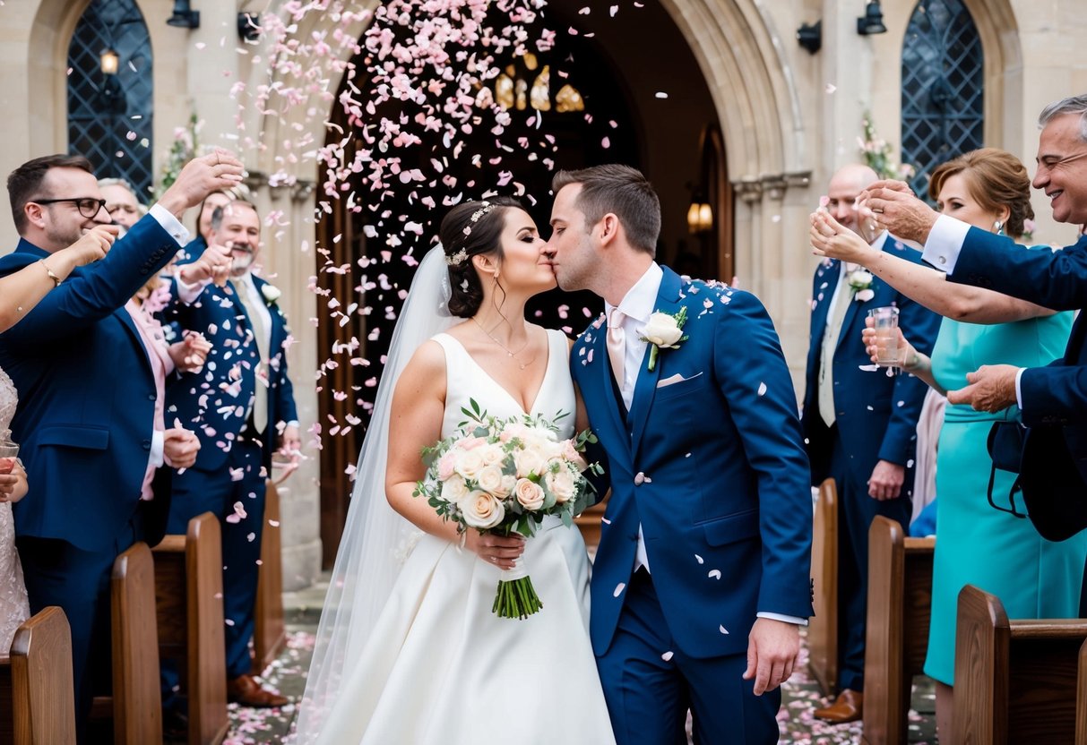 A bride and groom kiss under a shower of rose petals as they exit the church, while guests cheer and toss confetti