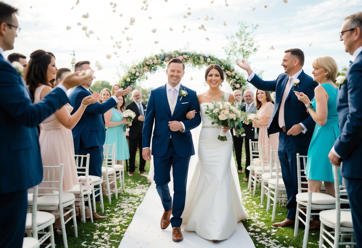 A couple walks down the aisle, surrounded by guests tossing flower petals as a classic wedding exit song plays in the background