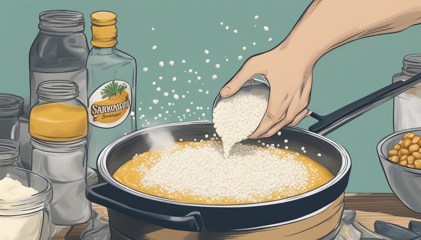 A chef sprinkles arrowroot powder into a bubbling pot of savory sauce, with a bag of cornstarch sitting untouched nearby