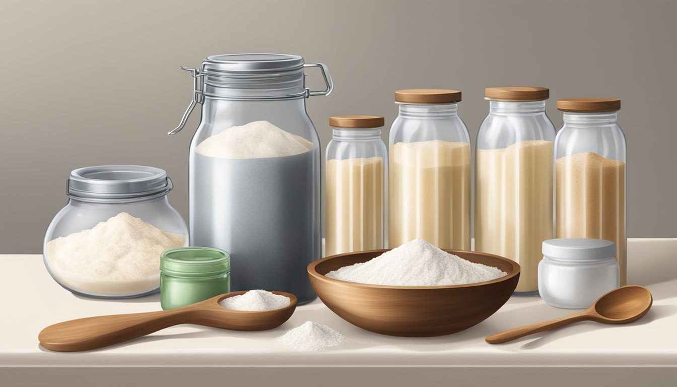 A kitchen counter with jars of arrowroot powder and tapioca starch, alongside measuring spoons and a mixing bowl