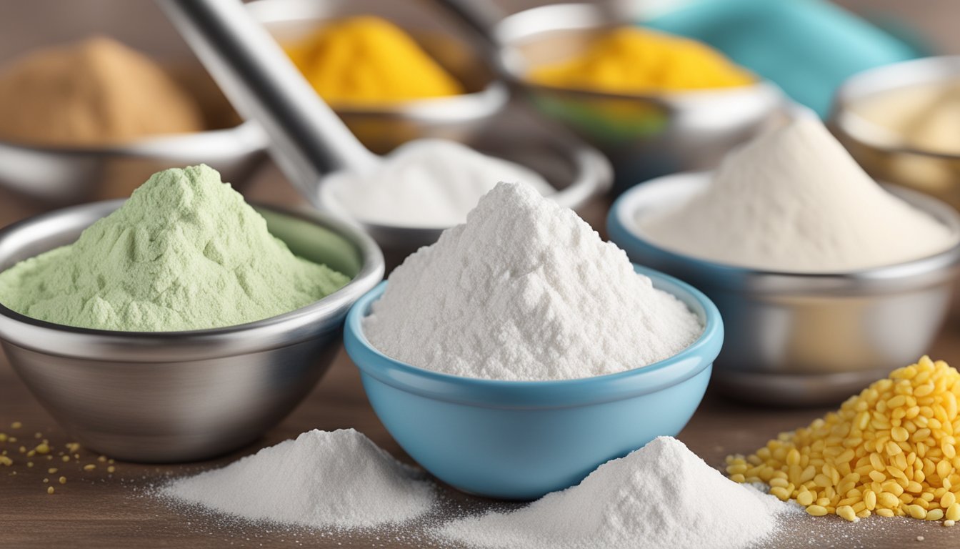 Arrowroot powder and cornstarch in measuring spoons with various baking ingredients in the background