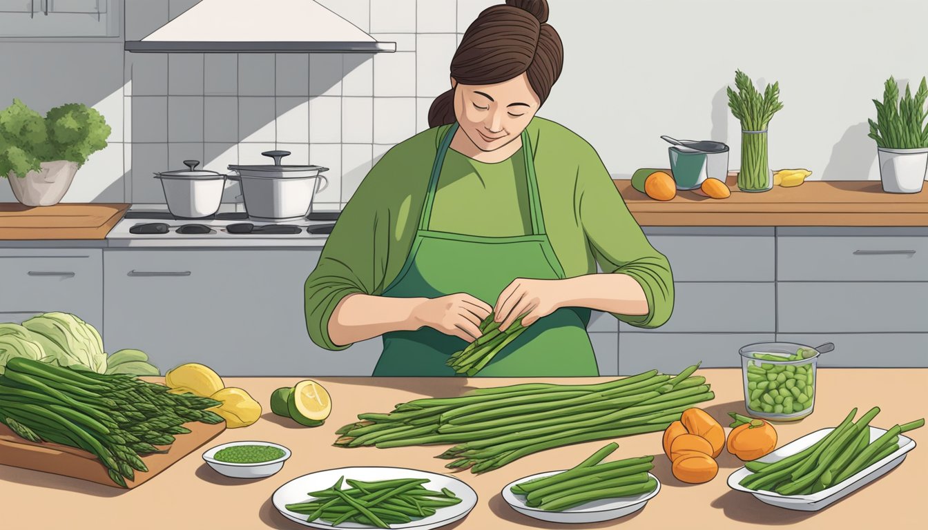 A person swaps asparagus for green beans in a recipe, holding both vegetables and comparing their appearance