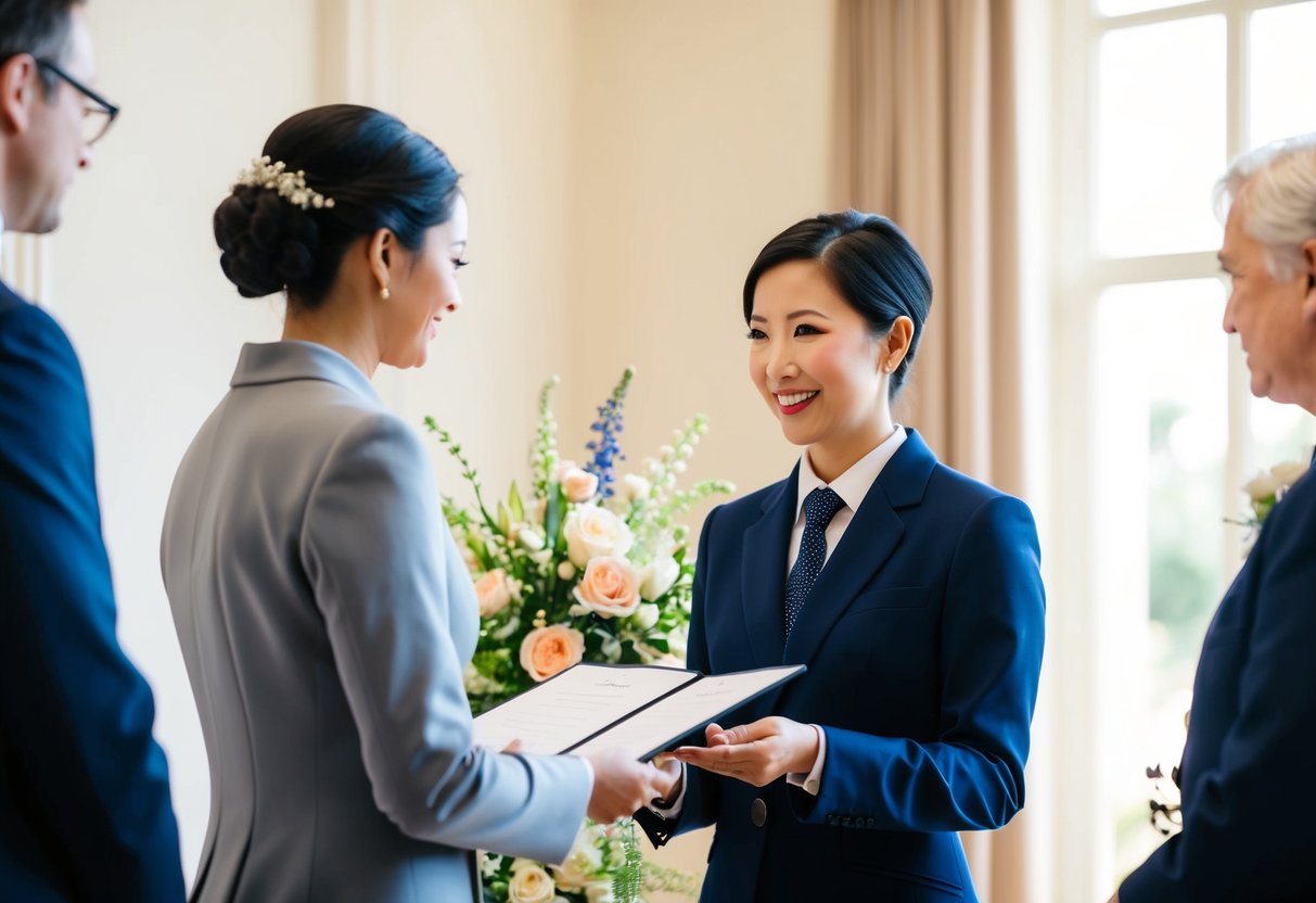 A registrar officiates the ceremony in a simple, elegant room with flowers and natural light