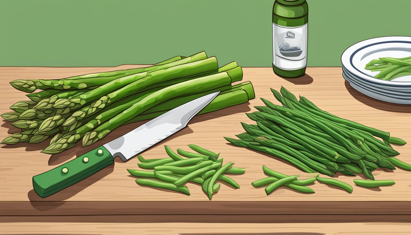 Fresh asparagus spears arranged next to a pile of green beans, a knife and cutting board on a kitchen counter