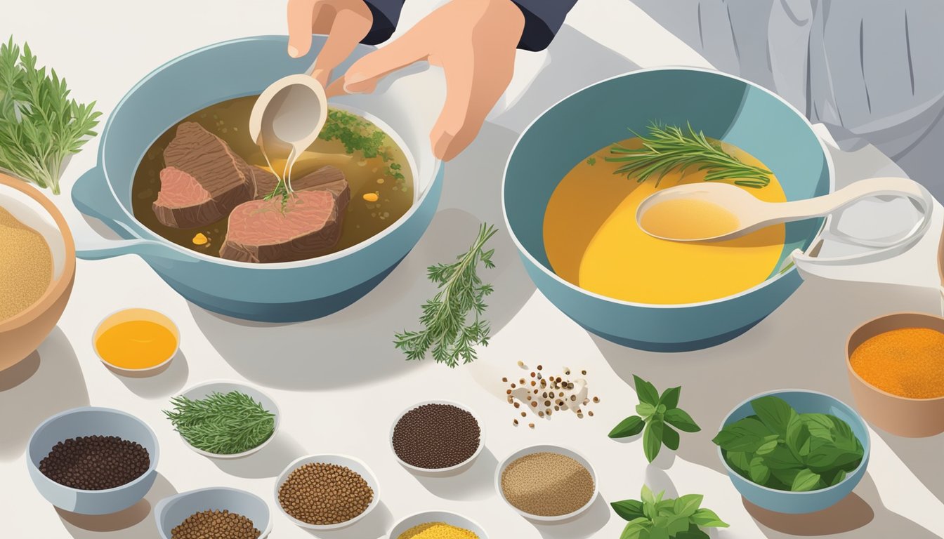 A chef pouring beef broth into a measuring cup, next to a bowl of chicken broth and various herbs and spices on a kitchen counter