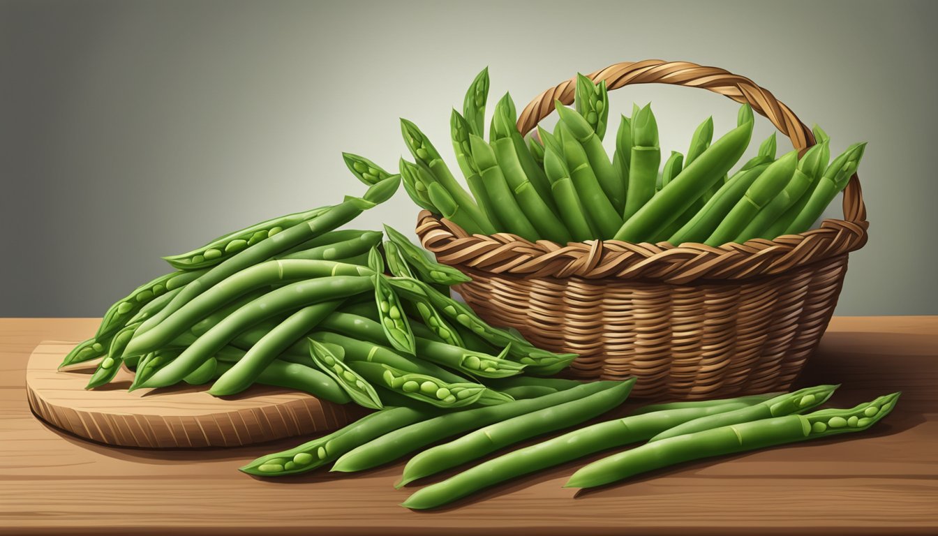 A kitchen counter with a pile of fresh green beans spilling out of a wicker basket, next to a bunch of asparagus