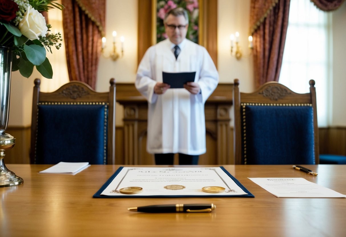A registrar stands at the front of a decorated room, facing two empty chairs, with a table in between. A pen and marriage certificate lie on the table
