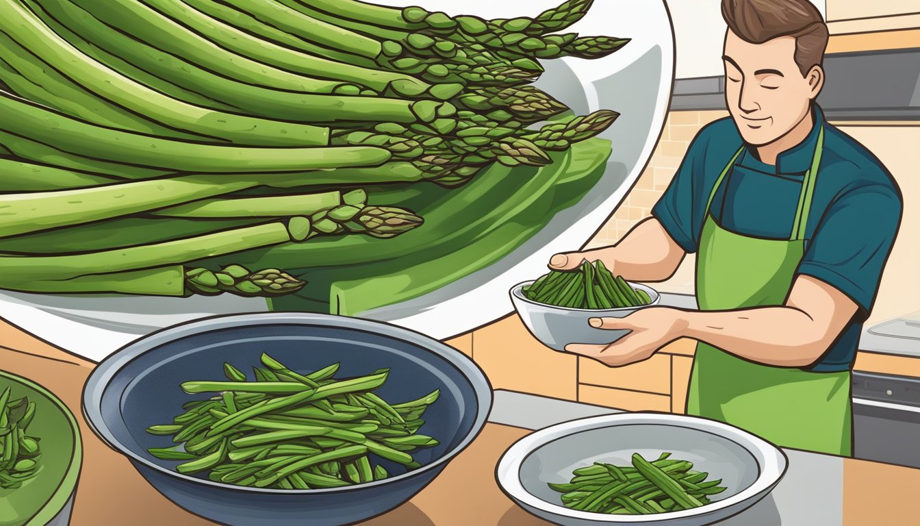 Asparagus replacing green beans in a stir-fry dish, with a chef holding the asparagus and swapping it for the green beans in the recipe