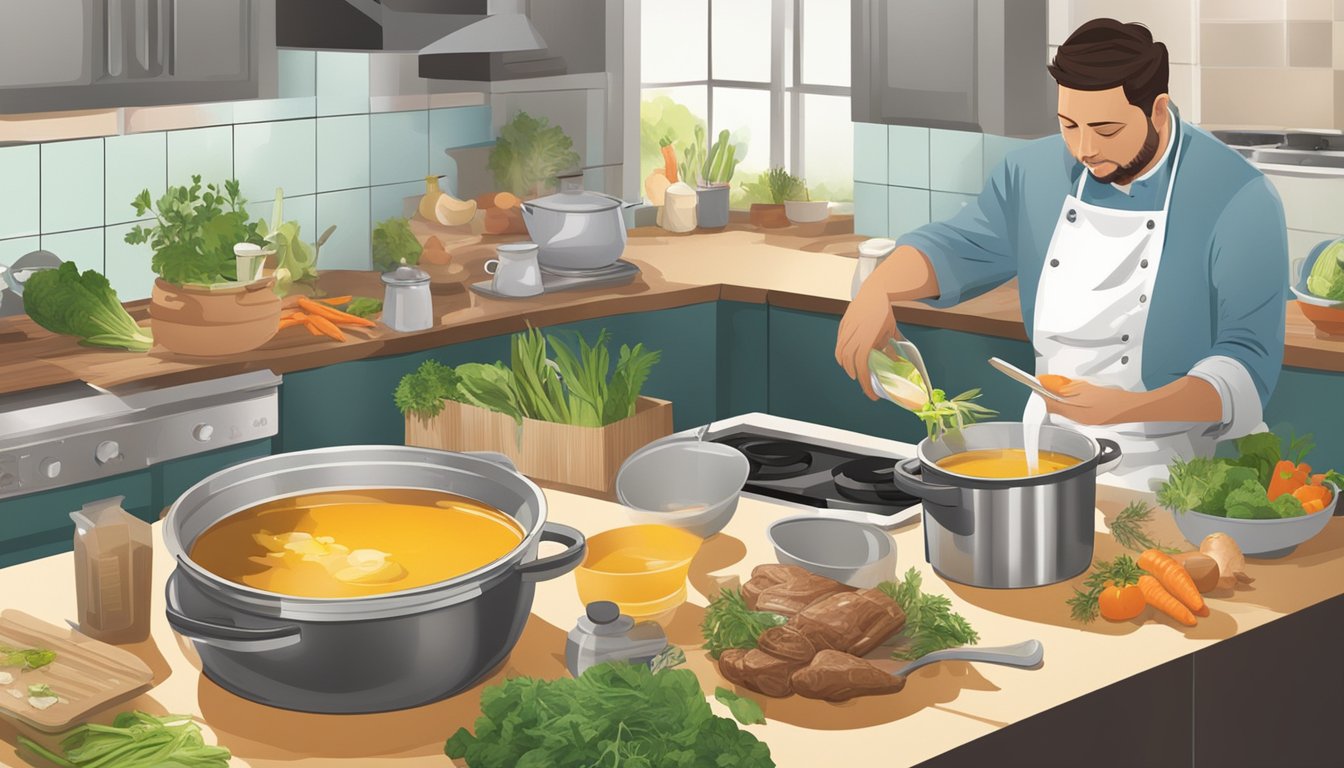 A chef pours beef broth into a pot, while a chicken broth carton sits on the counter. Various vegetables and herbs are scattered around the kitchen