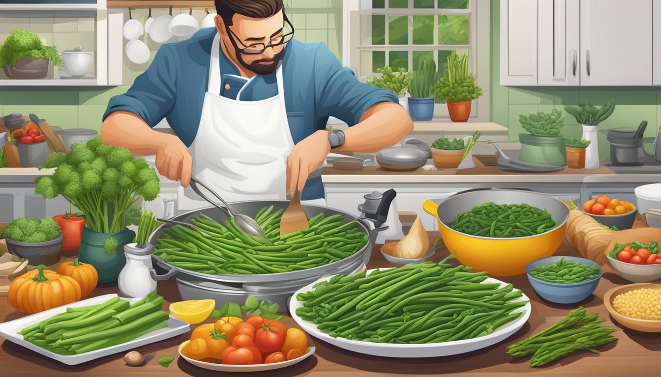 A chef swapping asparagus for green beans in a vibrant, seasonal dish, surrounded by fresh produce and a variety of cooking utensils