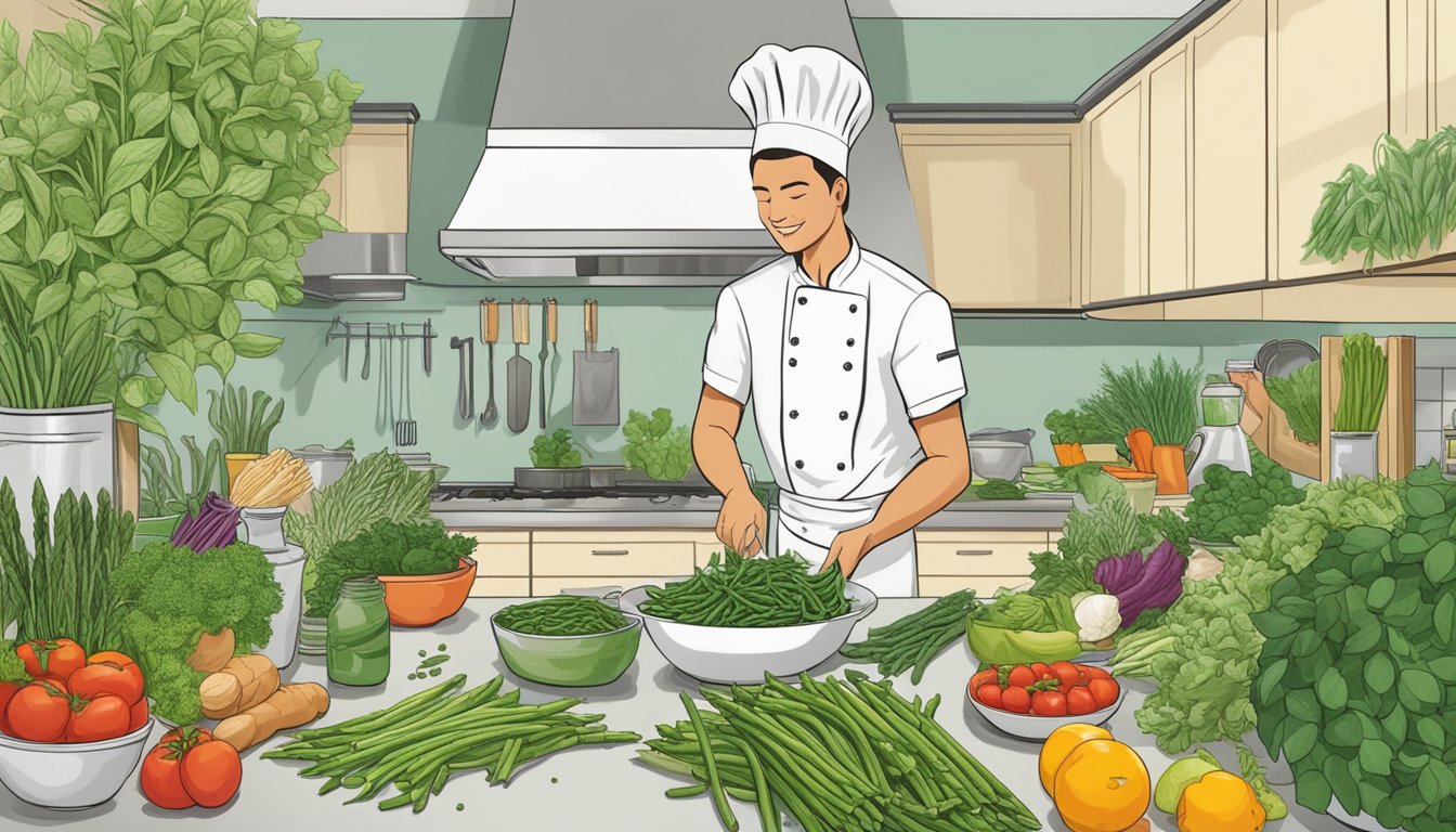 A chef swapping asparagus for green beans in a vibrant kitchen, surrounded by fresh herbs, spices, and various ingredients for flavor enhancements and pairings