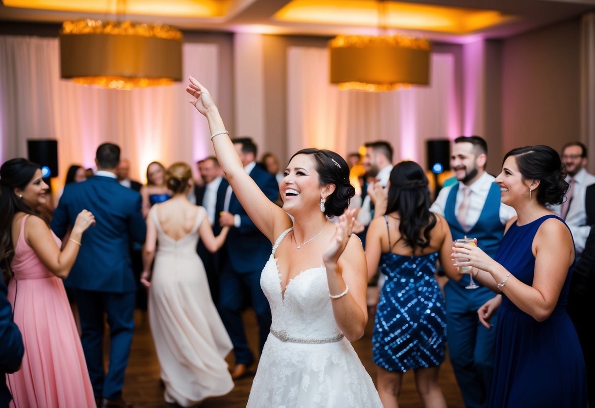 A joyful wedding reception with guests dancing and socializing, while a live band or DJ plays music in the background