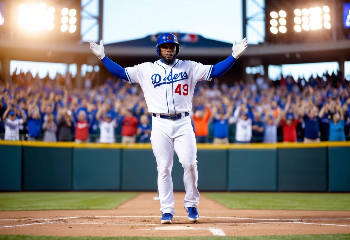 A baseball player standing at home plate, surrounded by cheering fans and stadium lights, as his walk-up song blares from the speakers