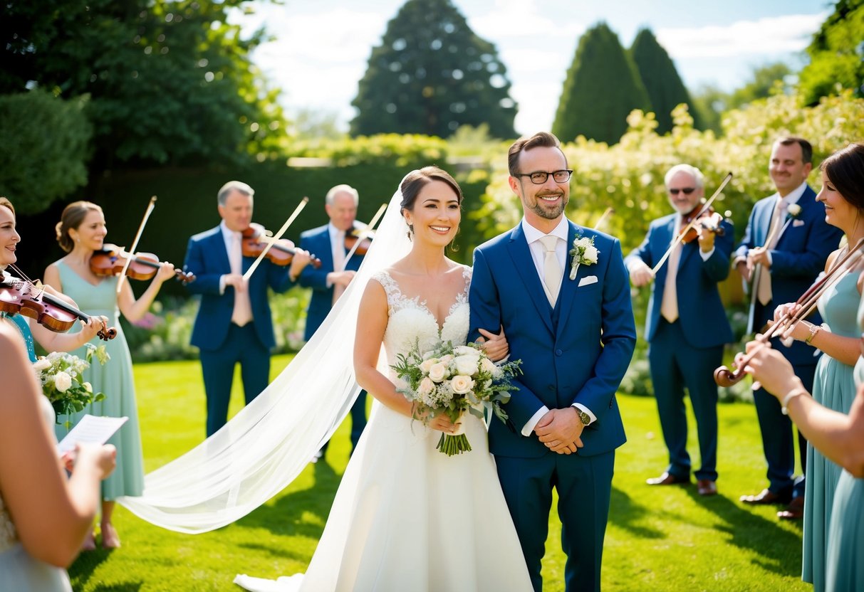 A bride and groom stand in a sunlit garden, surrounded by friends and family. A string quartet plays softly in the background, adding a romantic and joyful atmosphere to the wedding celebration