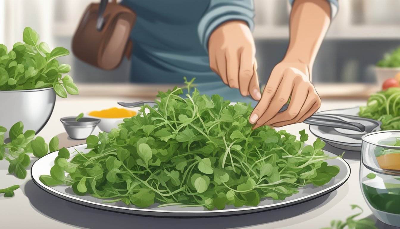 A plate of fresh arugula replacing watercress in a salad, with a nutritionist's approval in the background