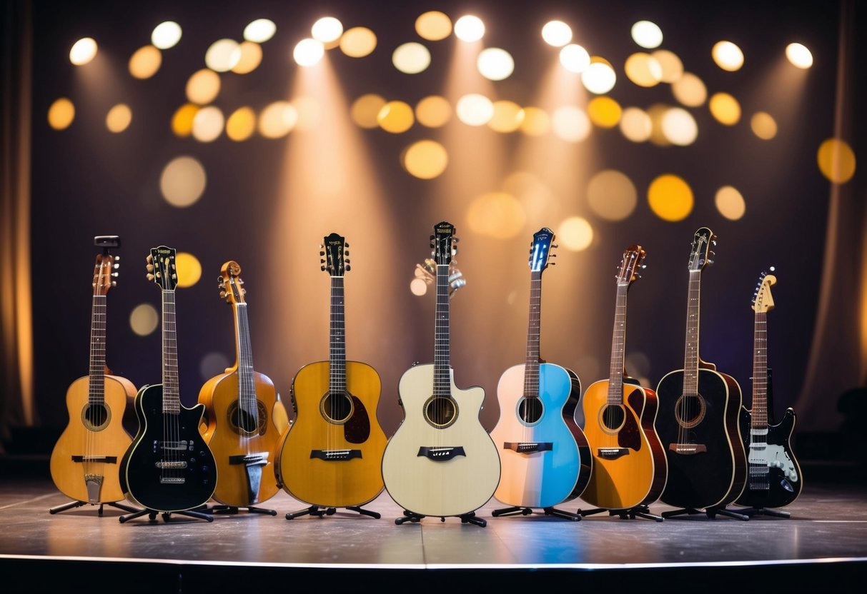 A diverse group of musical instruments arranged on a stage, representing various music genres and wedding themes