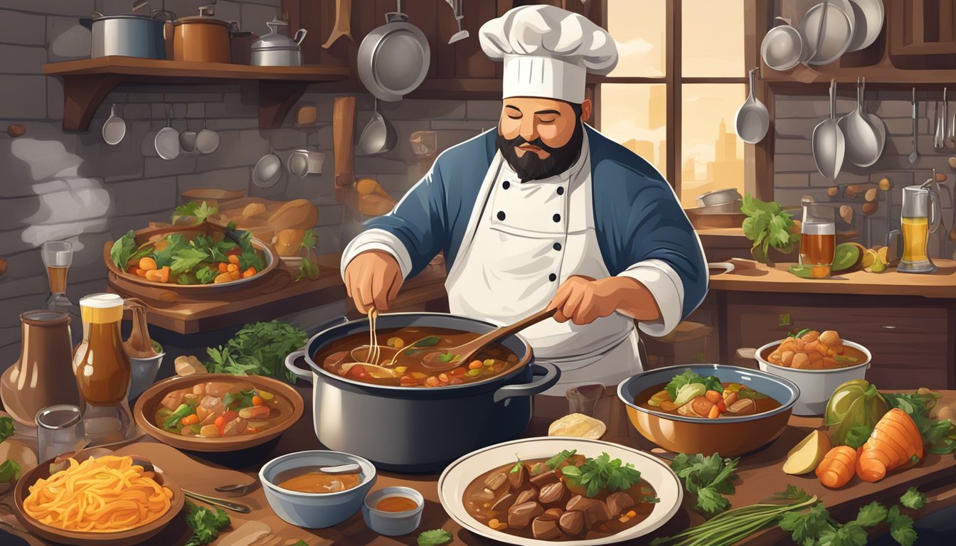 A chef pouring beer into a pot of stew, with various dishes and ingredients scattered around the kitchen