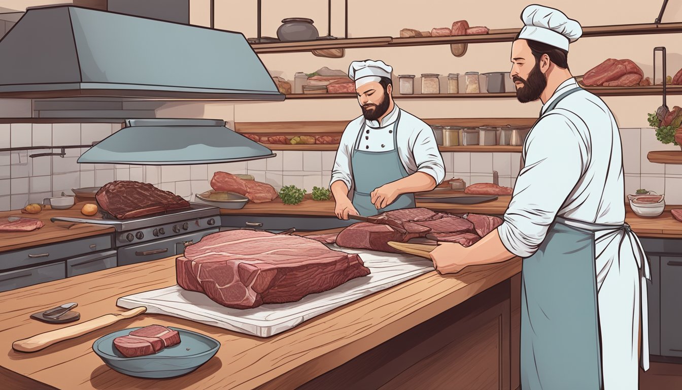 A butcher swapping beef brisket for pork shoulder in a recipe, with various cuts of meat on a clean cutting board