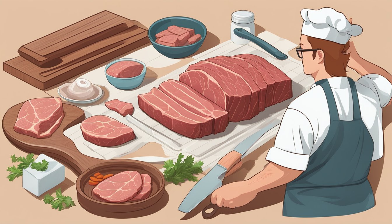 A chef slicing beef brisket to replace pork shoulder in a recipe. Ingredients and utensils laid out on a clean kitchen counter