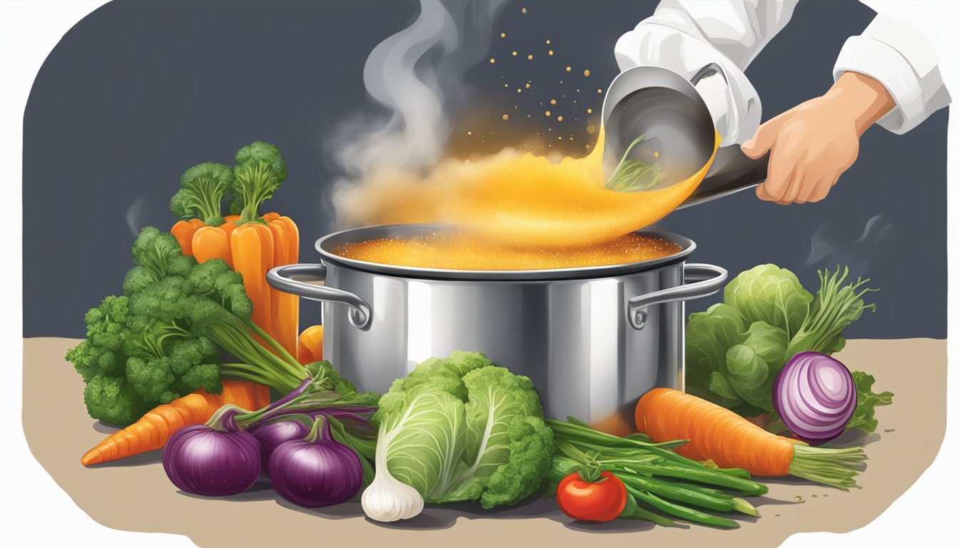 A chef pours beer into a saucepan with vegetables, creating a steamy and aromatic cooking scene