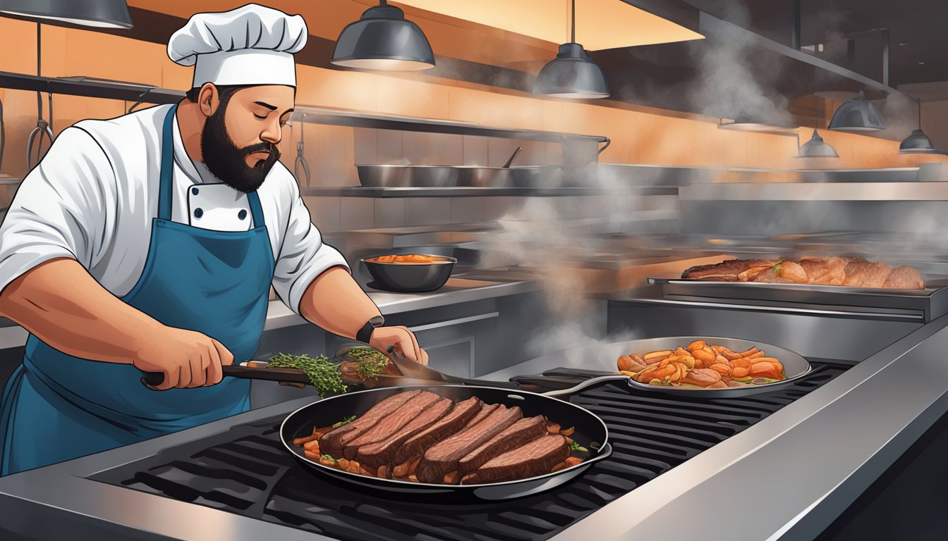 A chef swaps a beef brisket for a pork shoulder in a sizzling pan