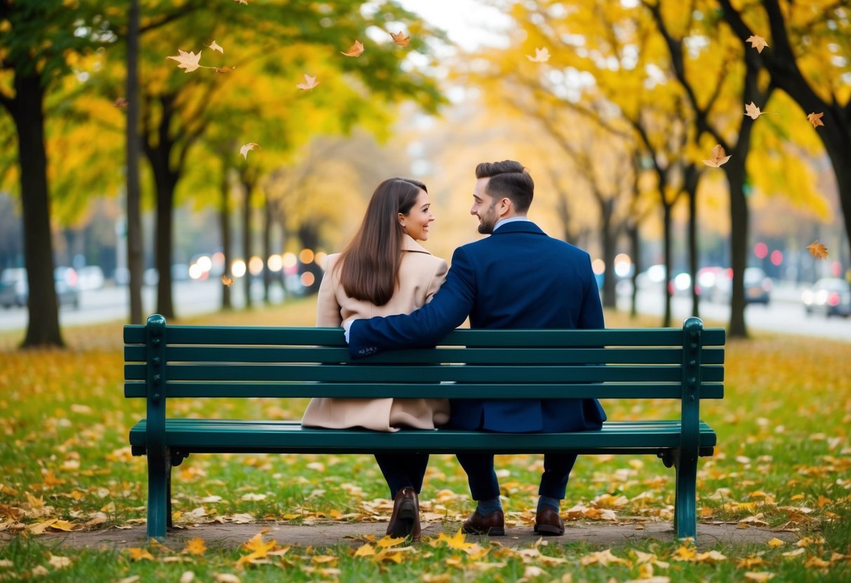 A couple sitting on a park bench, surrounded by falling leaves and holding hands, while a song plays in the background