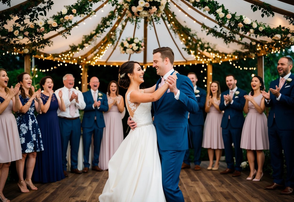 A bride and groom dance under a canopy of flowers and twinkling lights, surrounded by friends and family clapping and singing along to a joyous melody