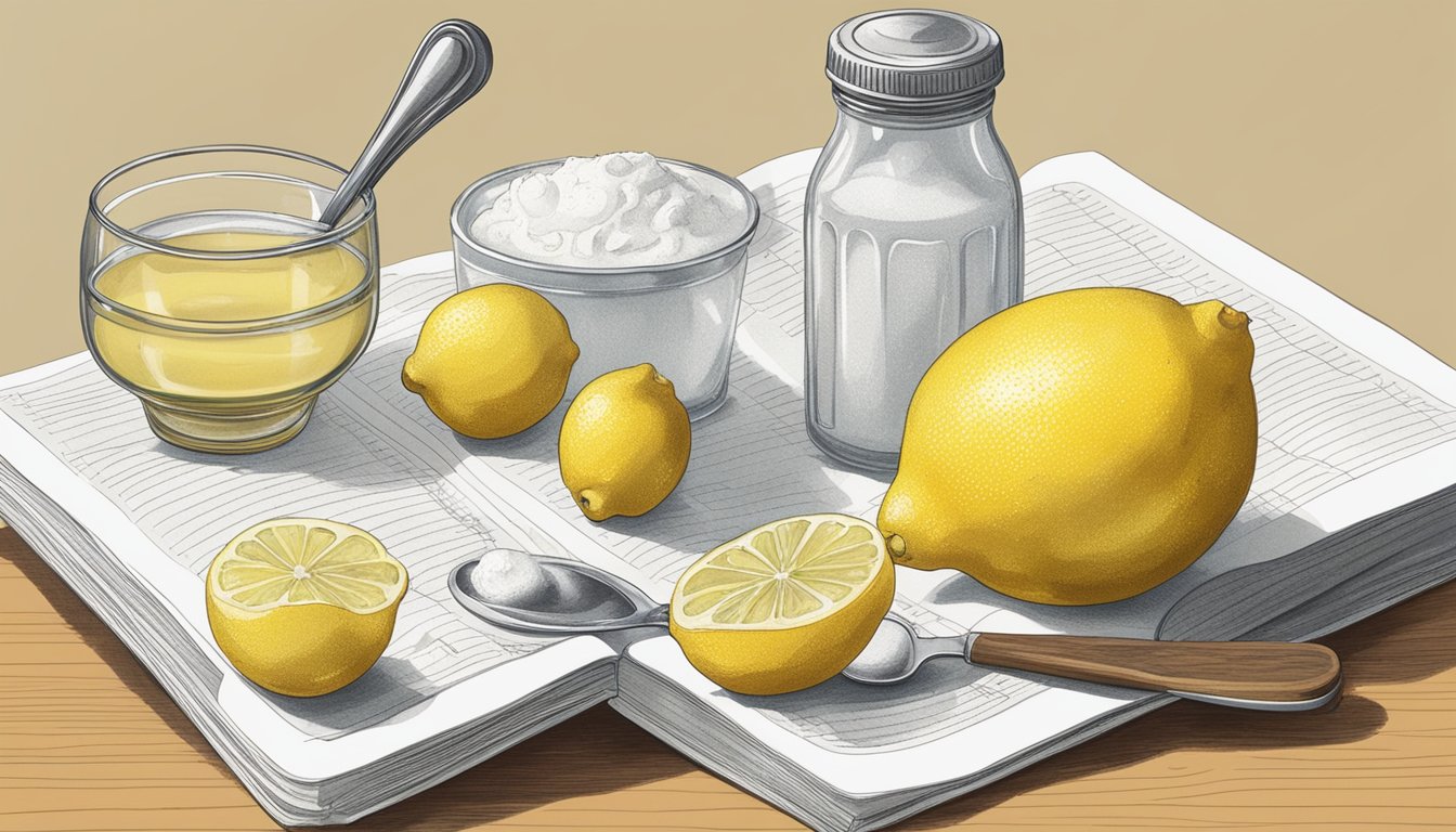 A bowl of lemons, vinegar, and cream of tartar next to a measuring spoon and a recipe book open to a page about substituting baking soda