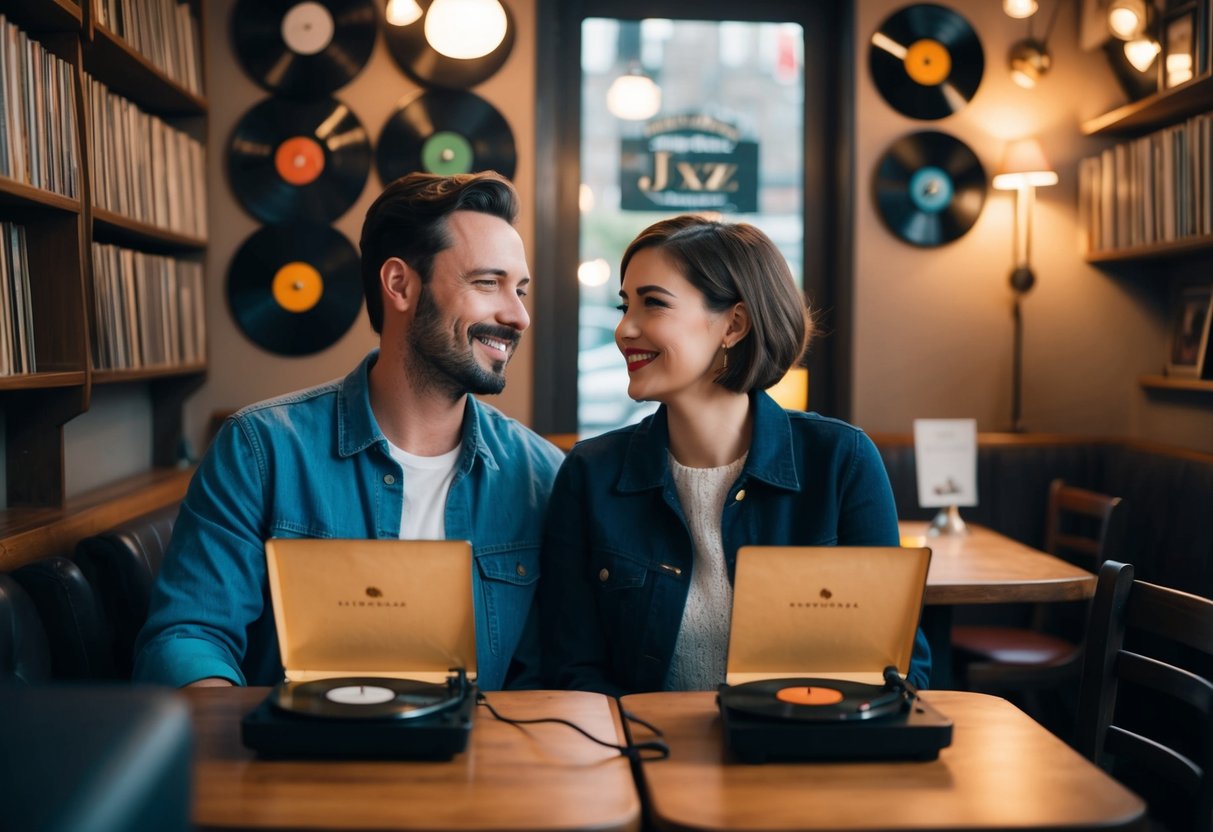 A couple sits in a dimly lit cafe, surrounded by vintage records and soft jazz music. They share a smile as they listen to a song, lost in their own world
