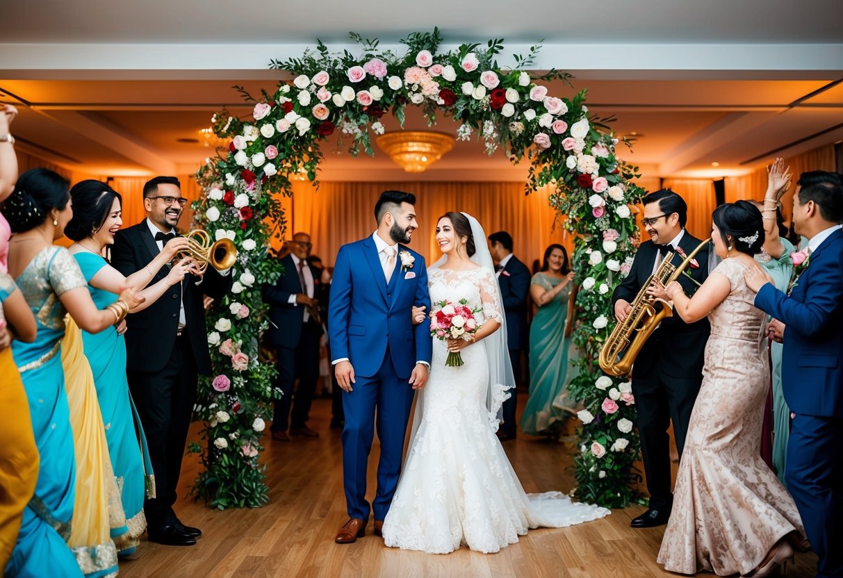 A bride and groom stand beneath a floral arch, surrounded by family and friends. A traditional band plays a lively wedding song as guests dance and celebrate