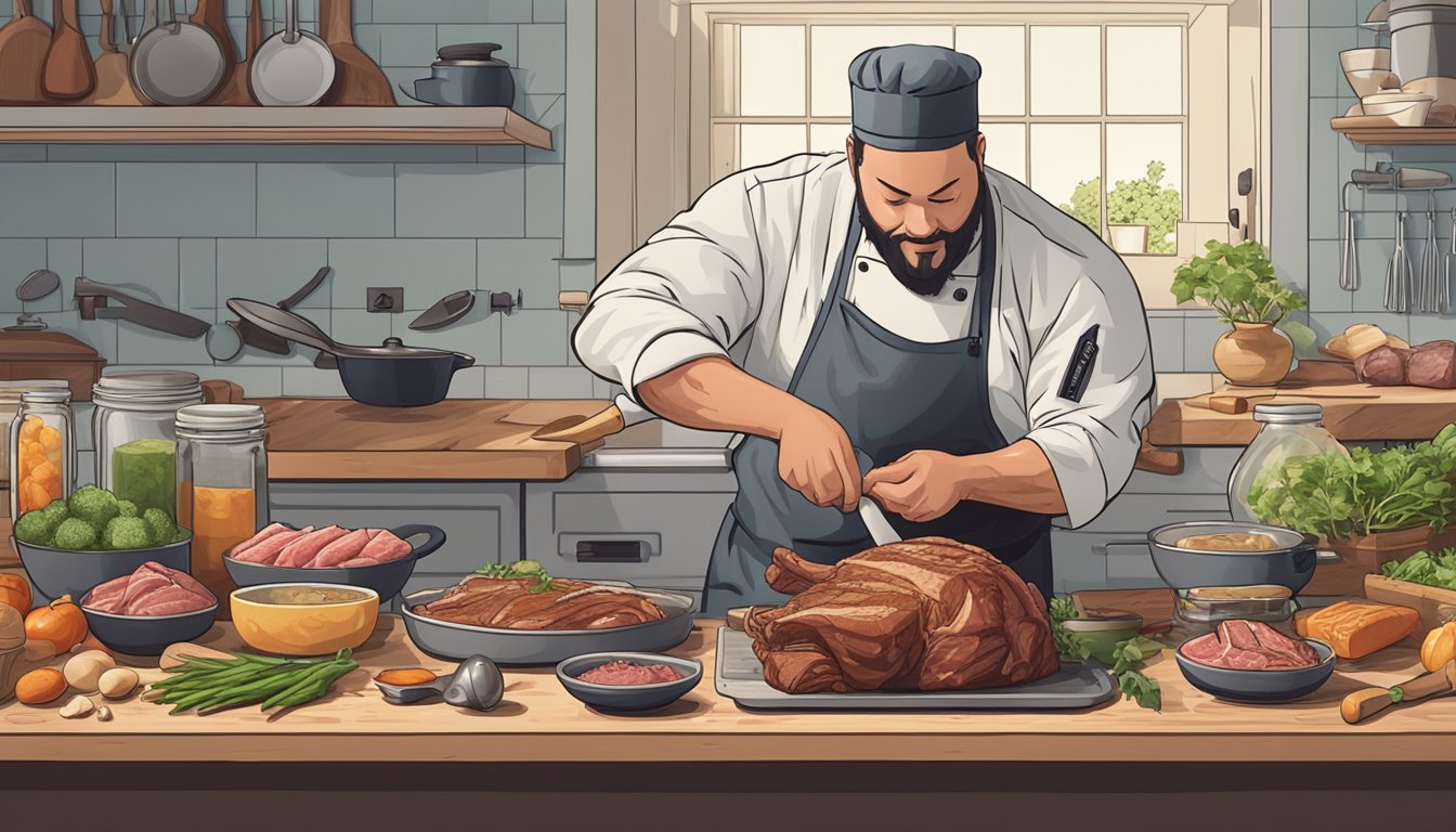 A chef swapping a beef brisket for a pork shoulder in a recipe, surrounded by various cooking utensils and ingredients