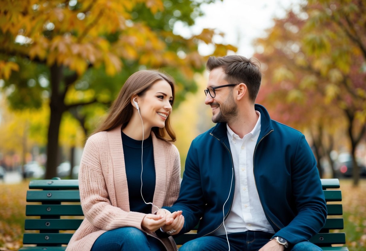 A couple sits on a park bench, surrounded by colorful autumn leaves, sharing earbuds as they listen to music together